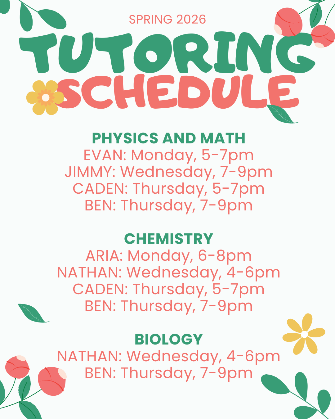 Spring 2026 tutoring schedule
