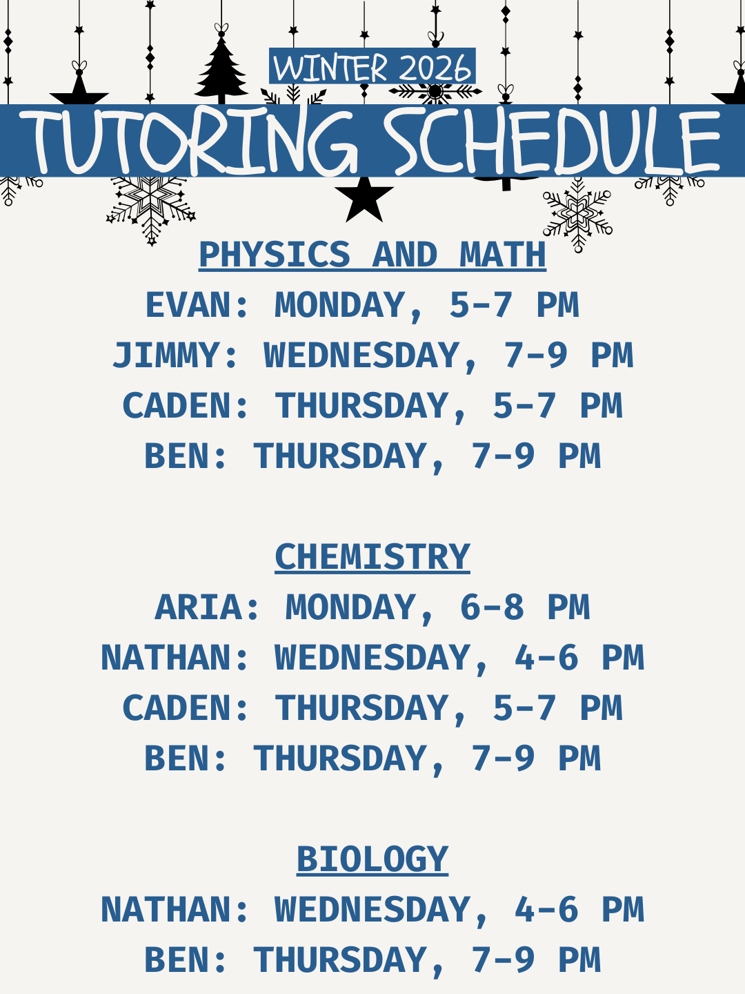 Winter 26 tutoring schedule